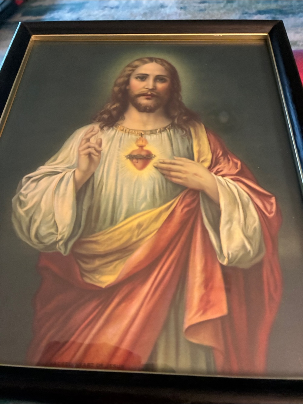 Vintage Photo of Jesus, says sacred heart of Jesus at bottom.